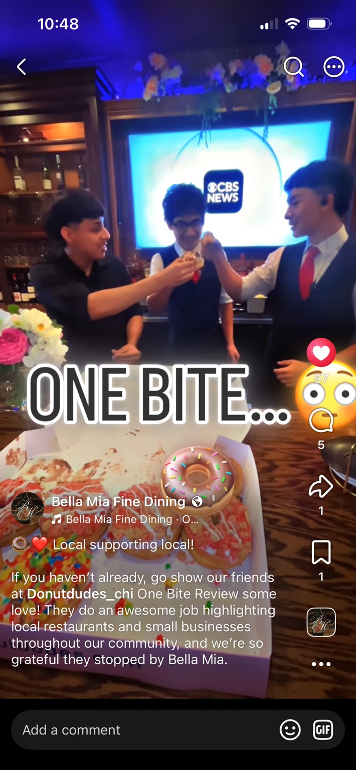 Bella Mia social media reel supporting Donut Dudes, a local small business